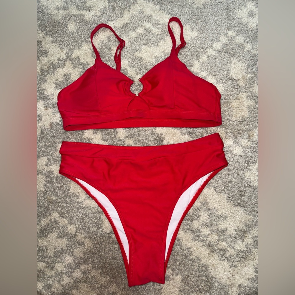 Red High Waisted Bikini Set Sexy Peek-A-Boo Hole Size L